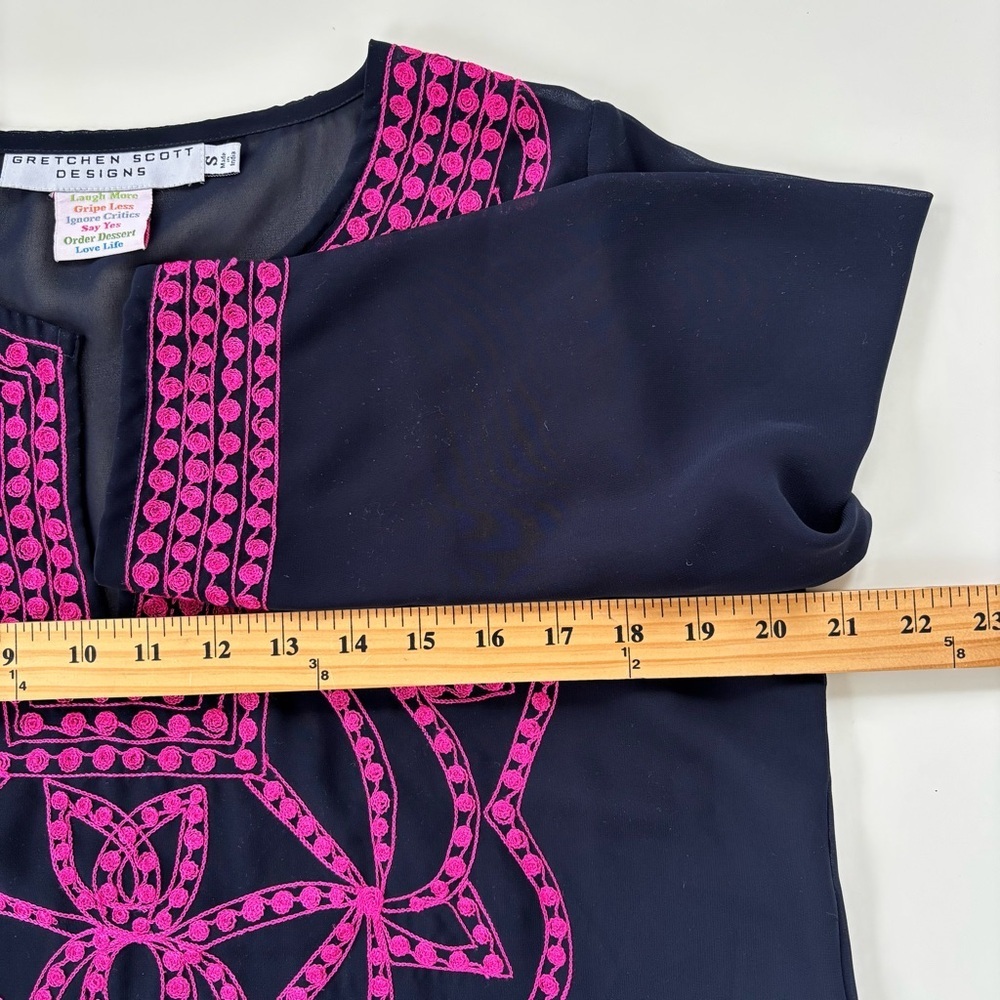 Gretchen Scott Women's Navy Blue Pink Relaxed Fit Long sleeve Sheer Tunic SMALL - Picture 6 of 7